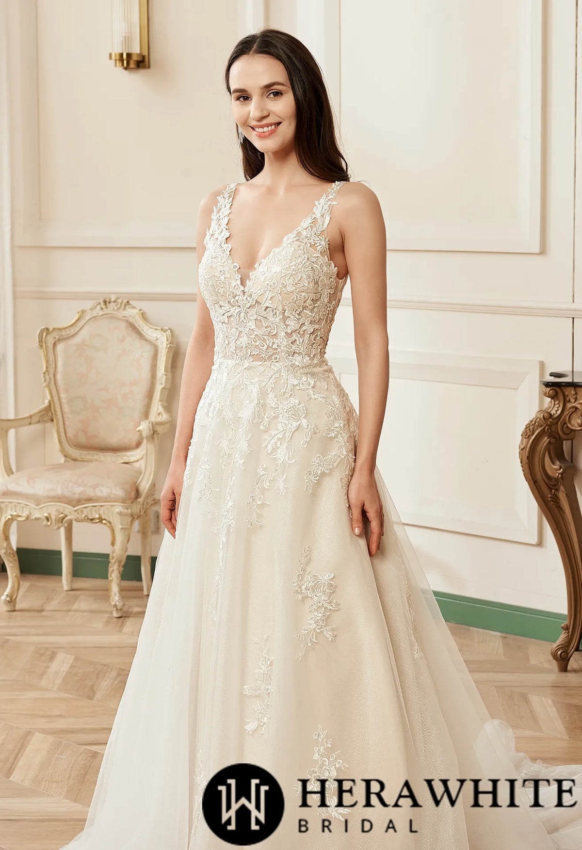 Illusion V-neckline A-Line Lace Straps Bridal Gown