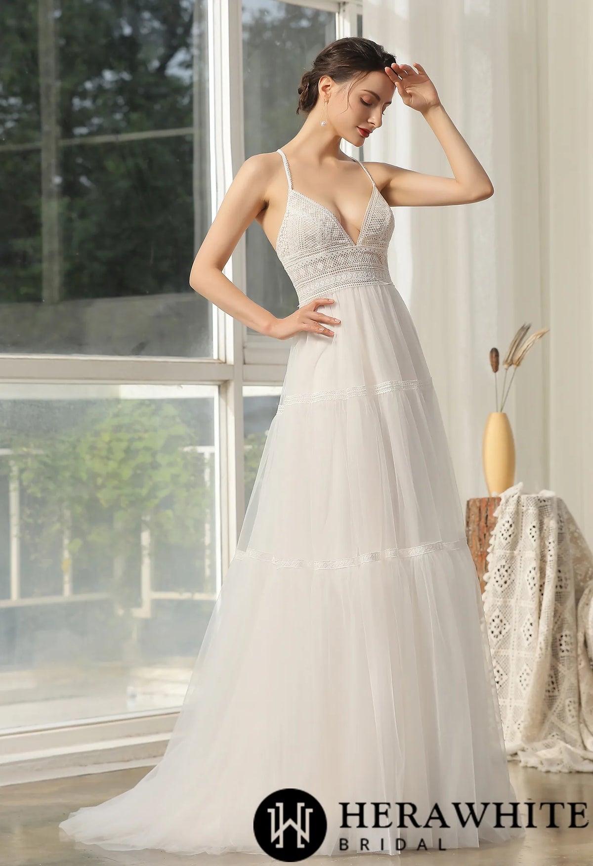 Bohemian Lace Wedding Dress With Criss-Cross Back