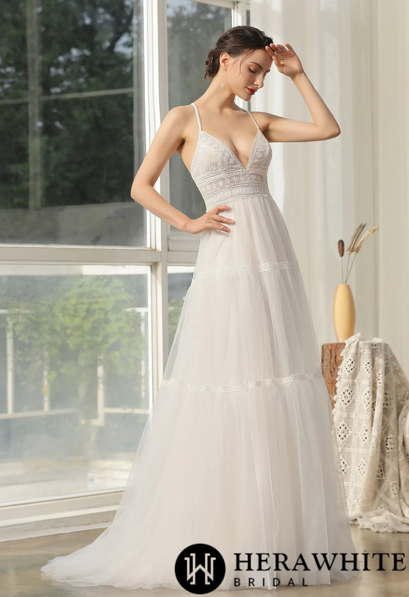 Bohemian Lace Wedding Dress With Criss-Cross Back