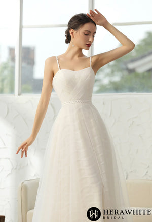 Simple Pleated A-line Wedding Dress With 3D Lace Underline