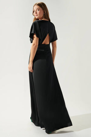 Darling Flutter Sleeve Cut Out Satin Maxi Dress: Black / XS