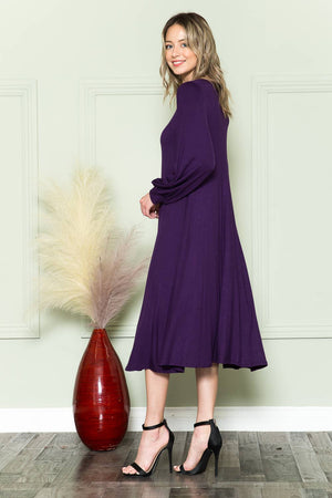 Bishop Sleeve Midi Dress: EGGPLANT / L