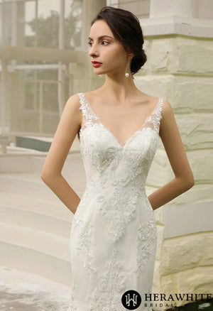 Double Train Fitted Sheath Wedding Gown