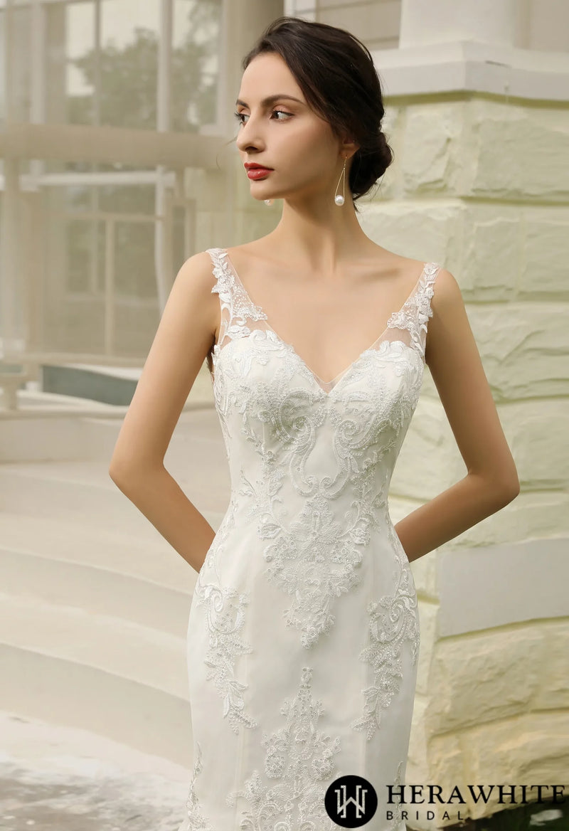 Double Train Fitted Sheath Wedding Gown