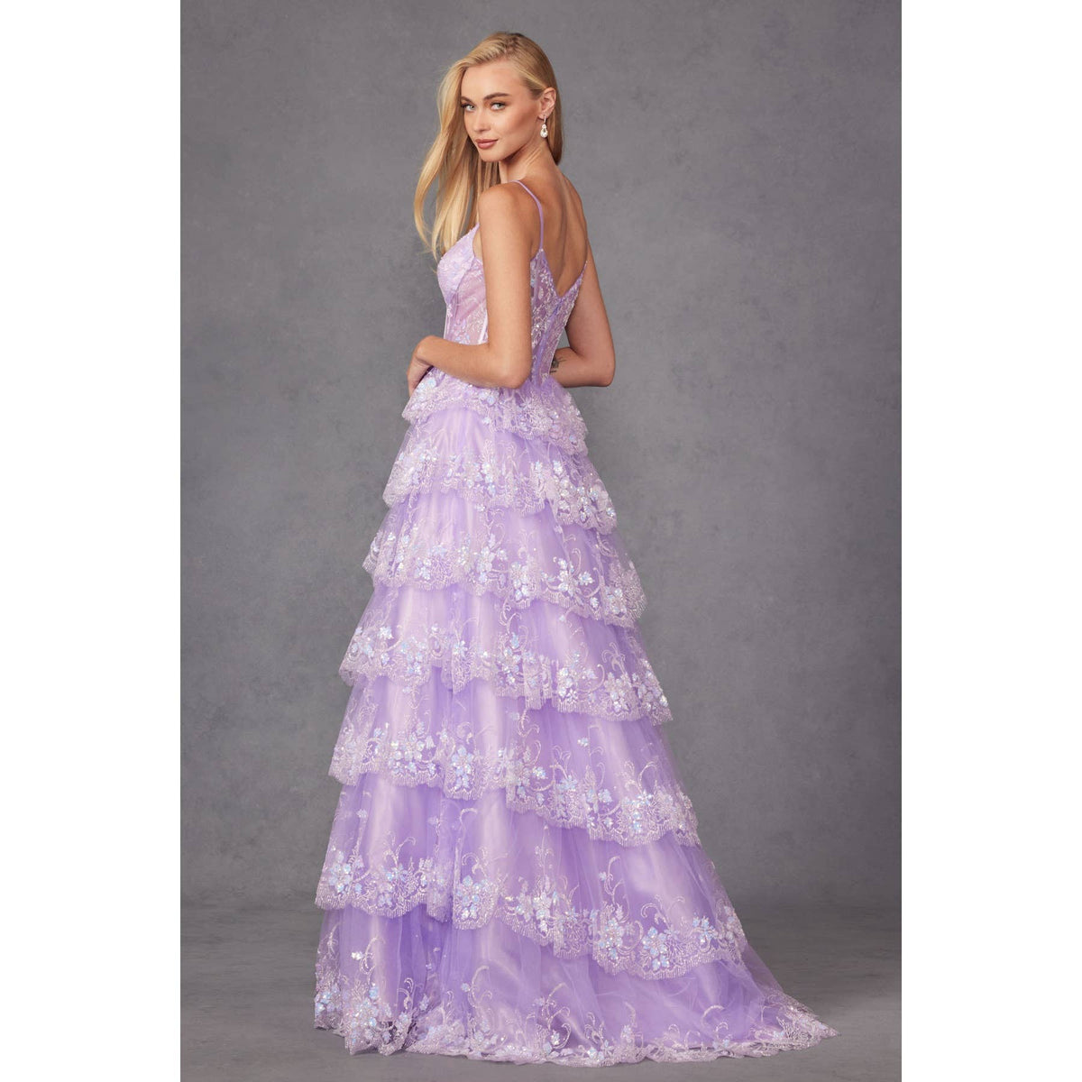 RUFFLE TULLE LACE SEQUIN BALL GOWN WITH SHEER CORSET BODICE