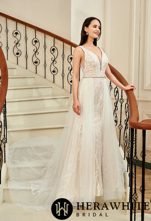 Plunging V-neckline Trumpet Wedding Dress With Detachable Overskirt