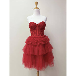 STRAPLESS COCKTAIL GOWN WITH LEAF LACE CORSET BODICE AND RUF