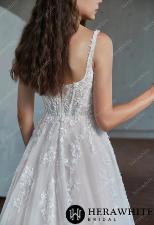 Square Neckline Delicate Bead Lace Wedding Dress