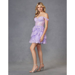 TULLE SEQUIN A-LINE COCKTAIL DRESS WITH SHEER CORSET BODICE