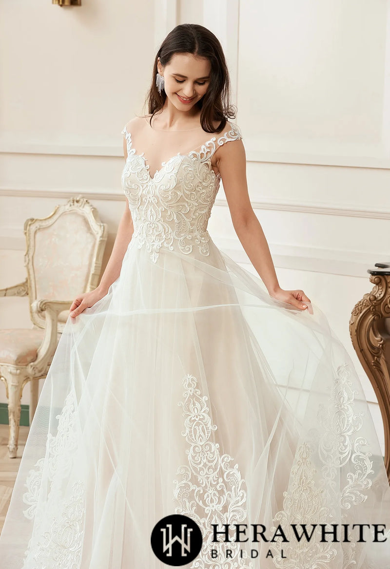 Illusion A-Line Scoop Neckline Lace Bridal Gown