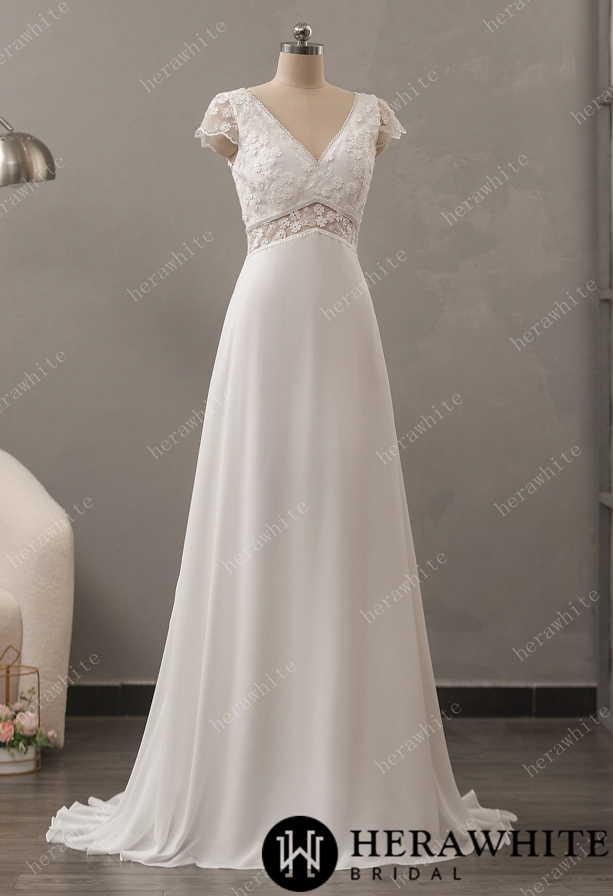 Illusion Floral Lace Wedding Dress with Chiffon Skirt