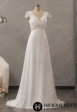 Illusion Floral Lace Wedding Dress with Chiffon Skirt