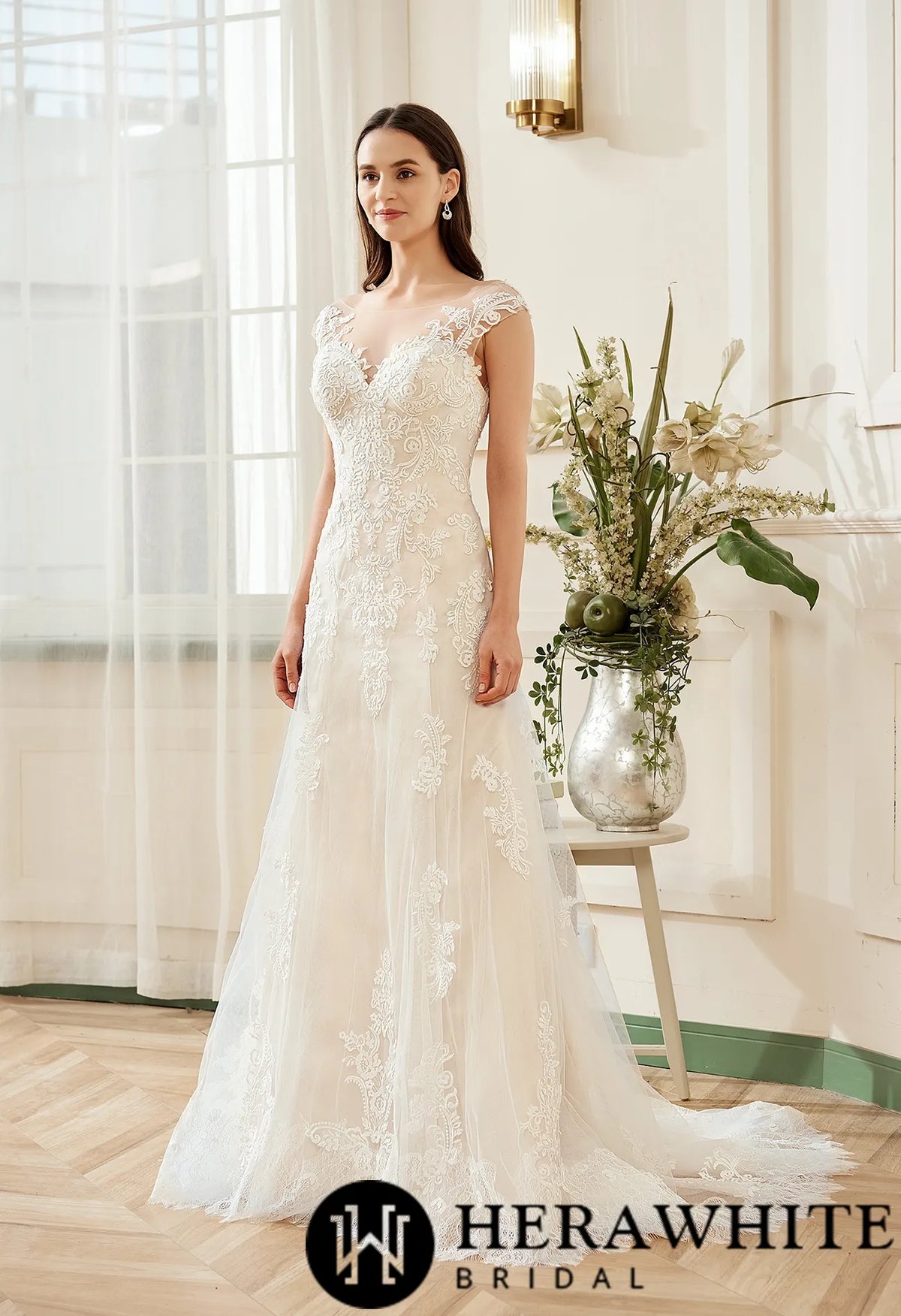 Stunning Illusion Lace Bateau Neckline With Cap Sleeve Wedding Gown