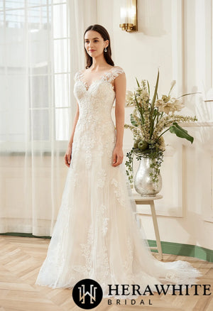 Stunning Illusion Lace Bateau Neckline With Cap Sleeve Wedding Gown