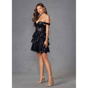 TULLE SEQUIN A-LINE COCKTAIL DRESS WITH SHEER CORSET BODICE
