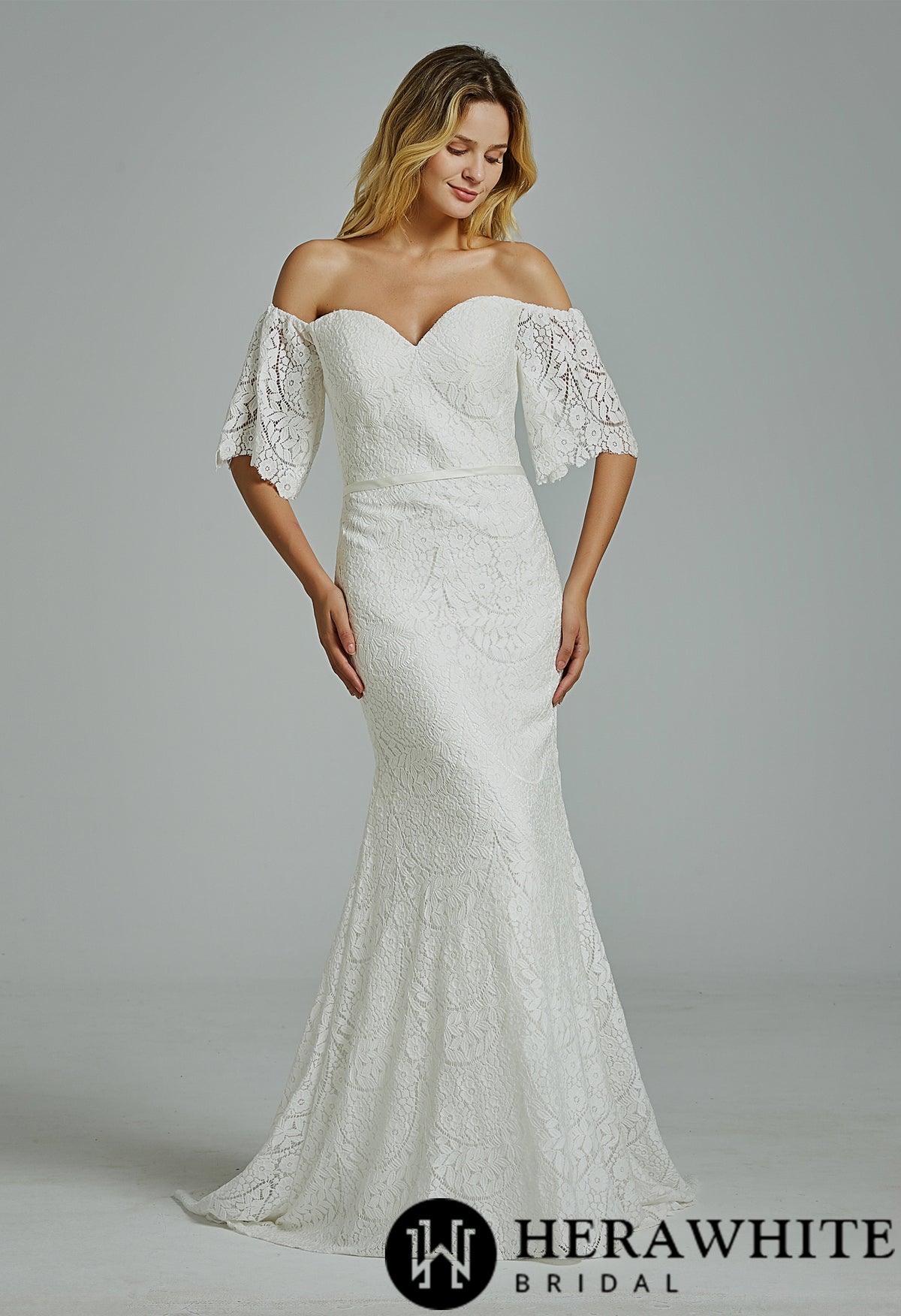 Floral Lace Off-the-shoulder  Sheath Wedding Dress
