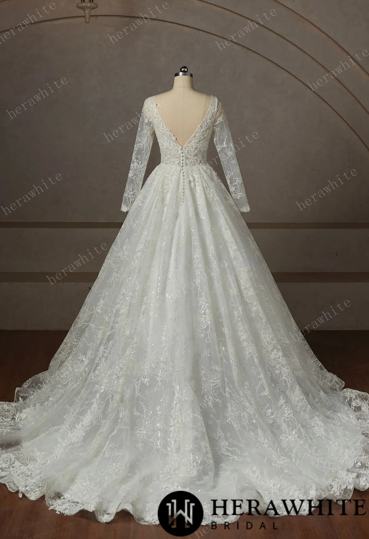V-Neck Sparkly Wedding Gown With Long Sleeve