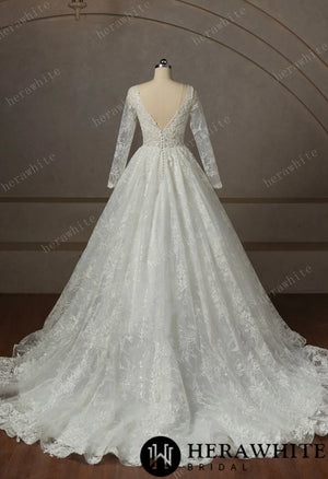 V-Neck Sparkly Wedding Gown With Long Sleeve