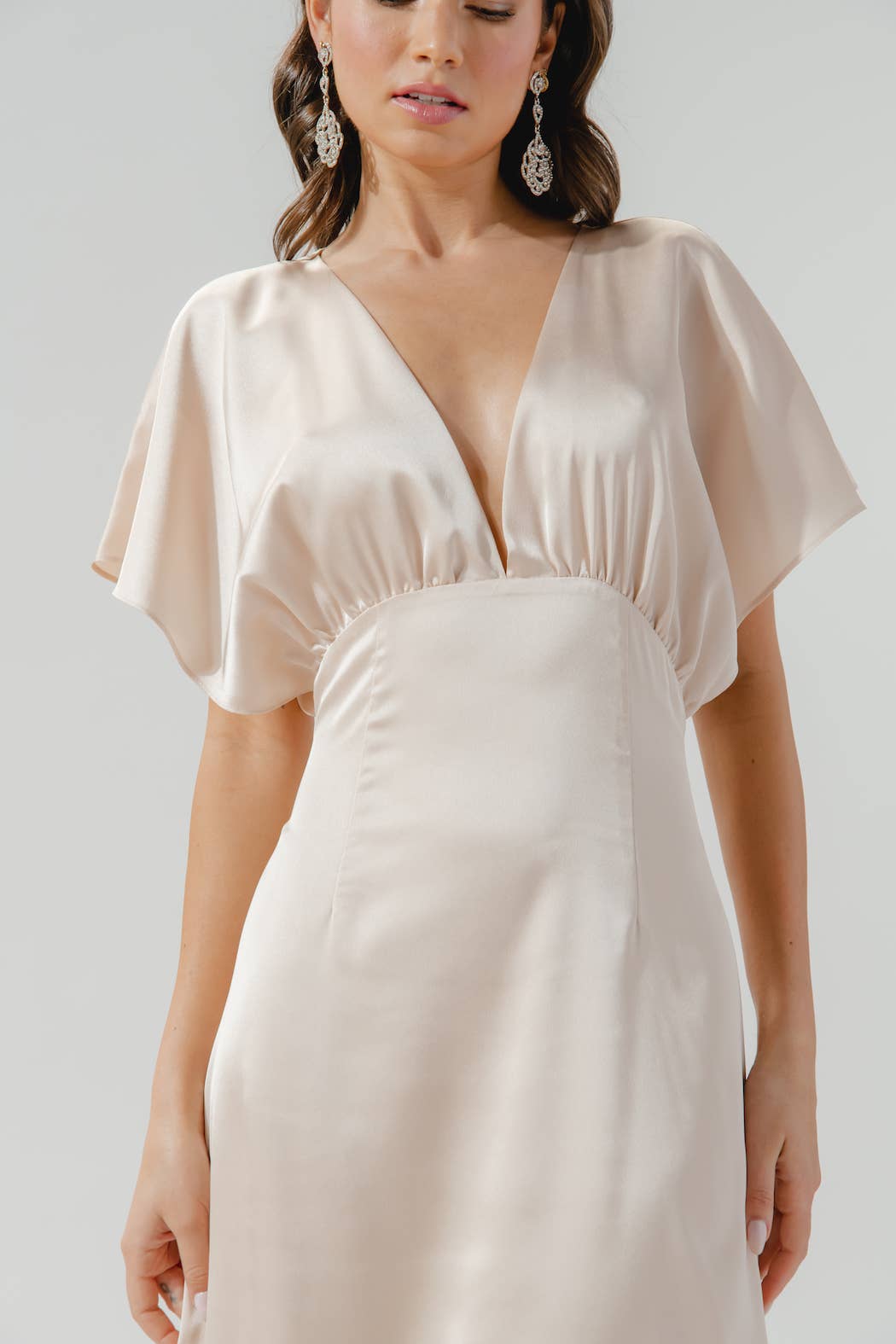 Darling Flutter Sleeve Cut Out Satin Maxi Dress: Black / XS