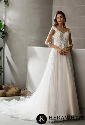 Gorgeous Lace A-line Bridal Gown With 3/4 sleeves