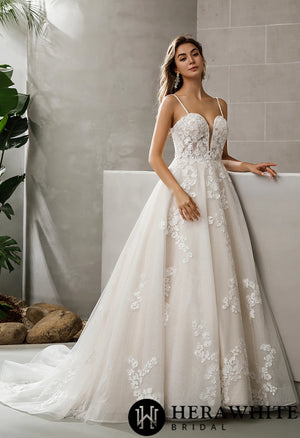 Plunging Sweetheart Floral Lace Glitter A-line Wedding Dress