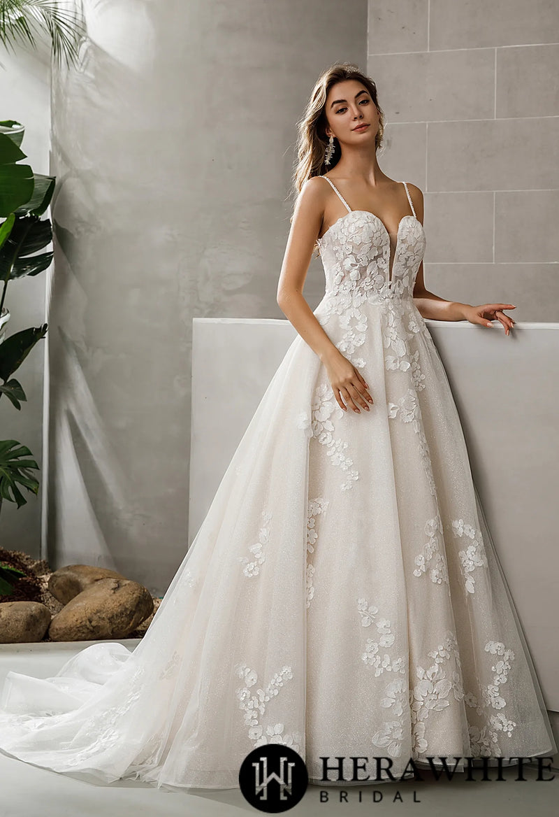 Plunging Sweetheart Floral Lace Glitter A-line Wedding Dress