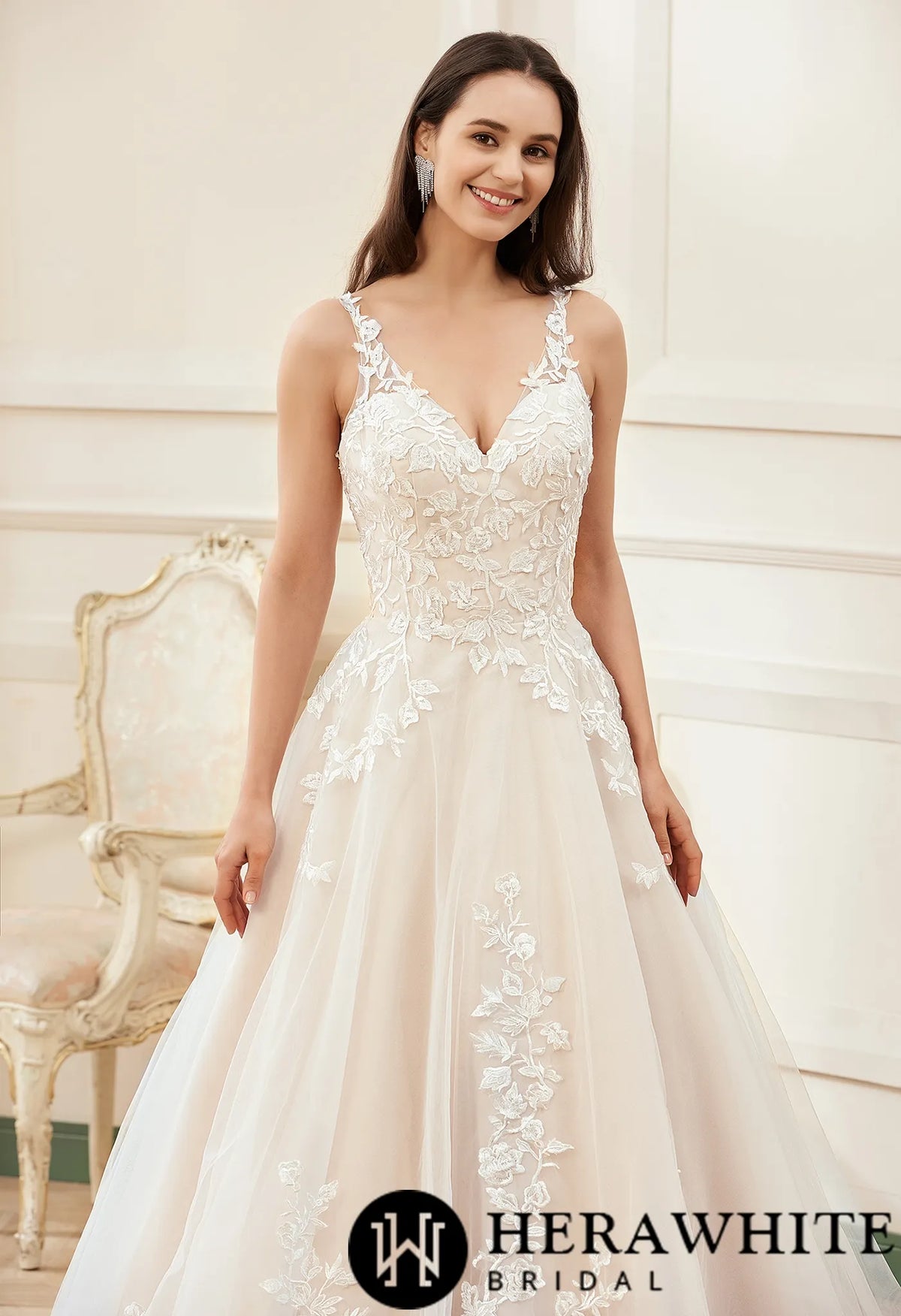 Pink Nude A-Line Floral Details With Illusion Straps Wedding Dress