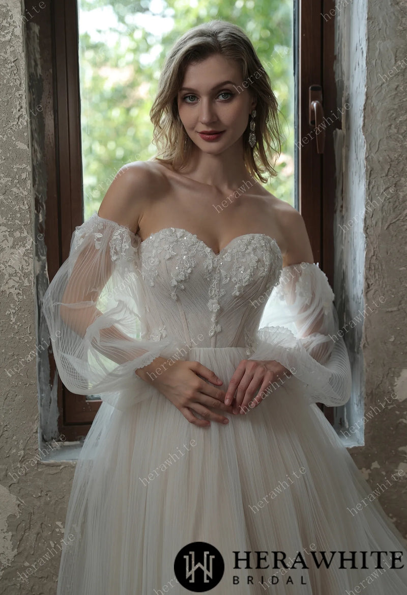 Enchanting Pleated Tulle A-line Wedding Dress With Pouf Sleeves