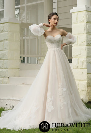 Classic A-Line Strapless Bridal Gown With Detachable Bishop Sleeves