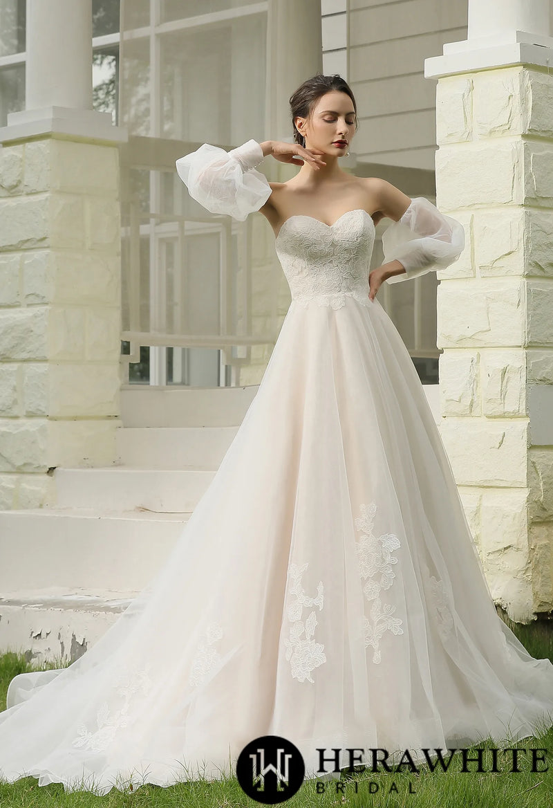 Classic A-Line Strapless Bridal Gown With Detachable Bishop Sleeves