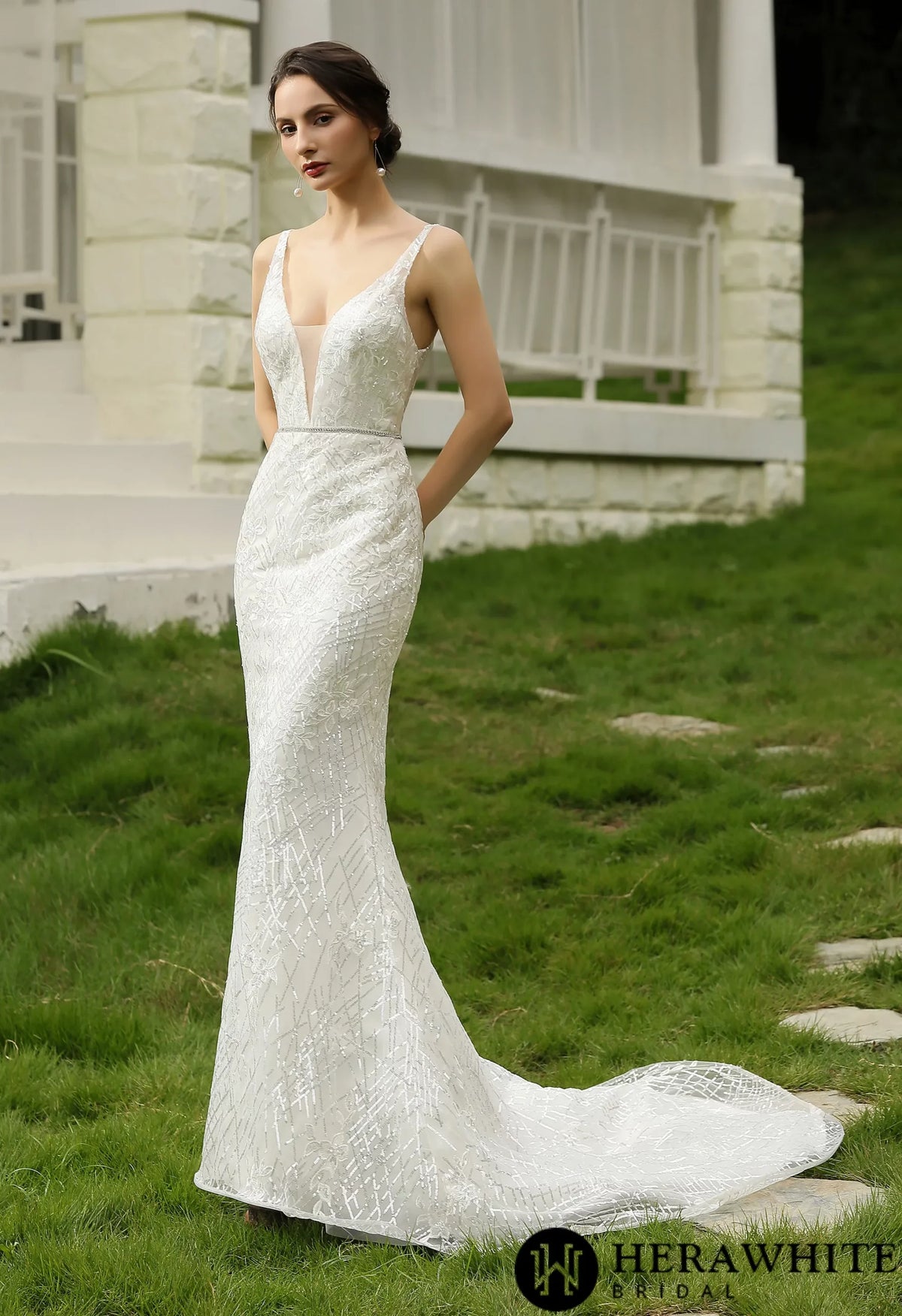 Glittery Fitted  Wedding Dress With Deep V Neckline