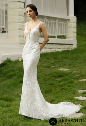 Glittery Fitted  Wedding Dress With Deep V Neckline
