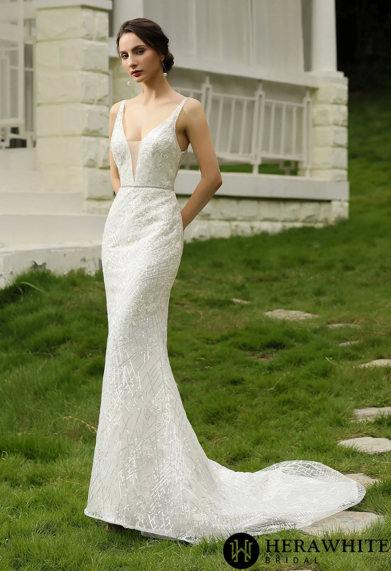 Glittery Fitted  Wedding Dress With Deep V Neckline