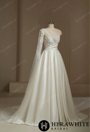 One Shoulder A-line Wedding Dress With Beading Lace