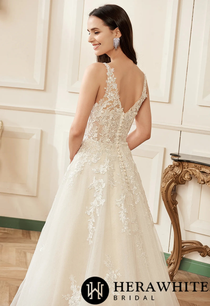 Illusion V-neckline A-Line Lace Straps Bridal Gown