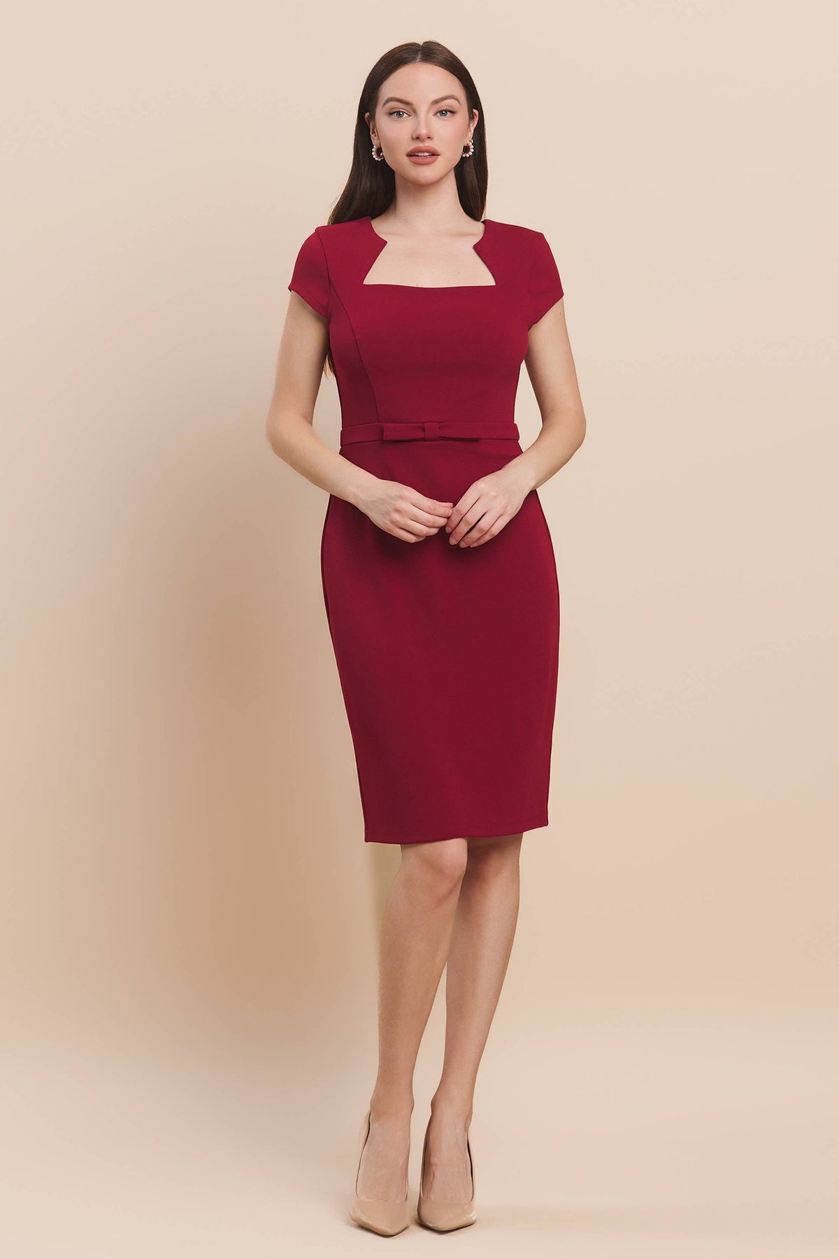 17557 Square neck ribbon waist slim scuba mini dress