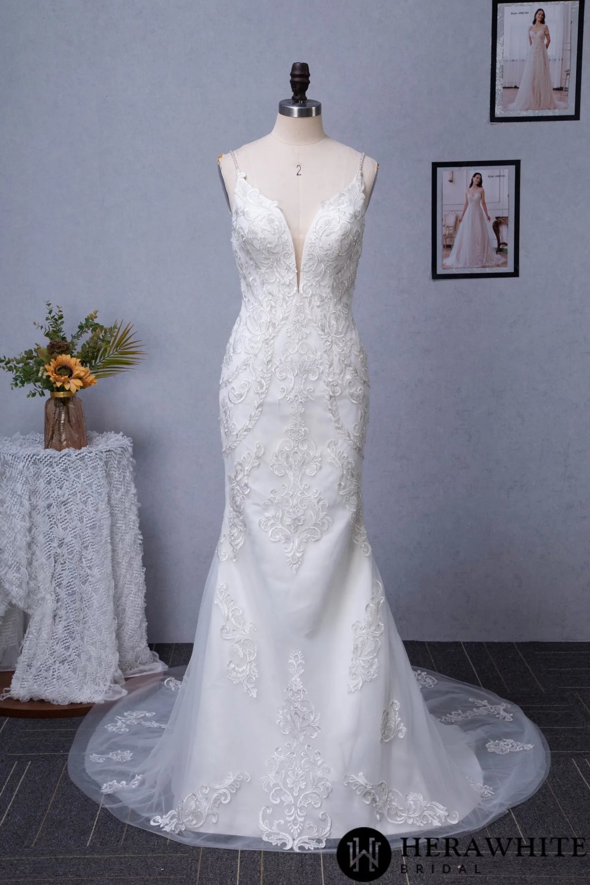 Plunging V-neck Silver Embroidered Lace Court Train Wedding Dress