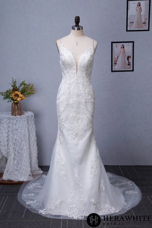 Plunging V-neck Silver Embroidered Lace Court Train Wedding Dress