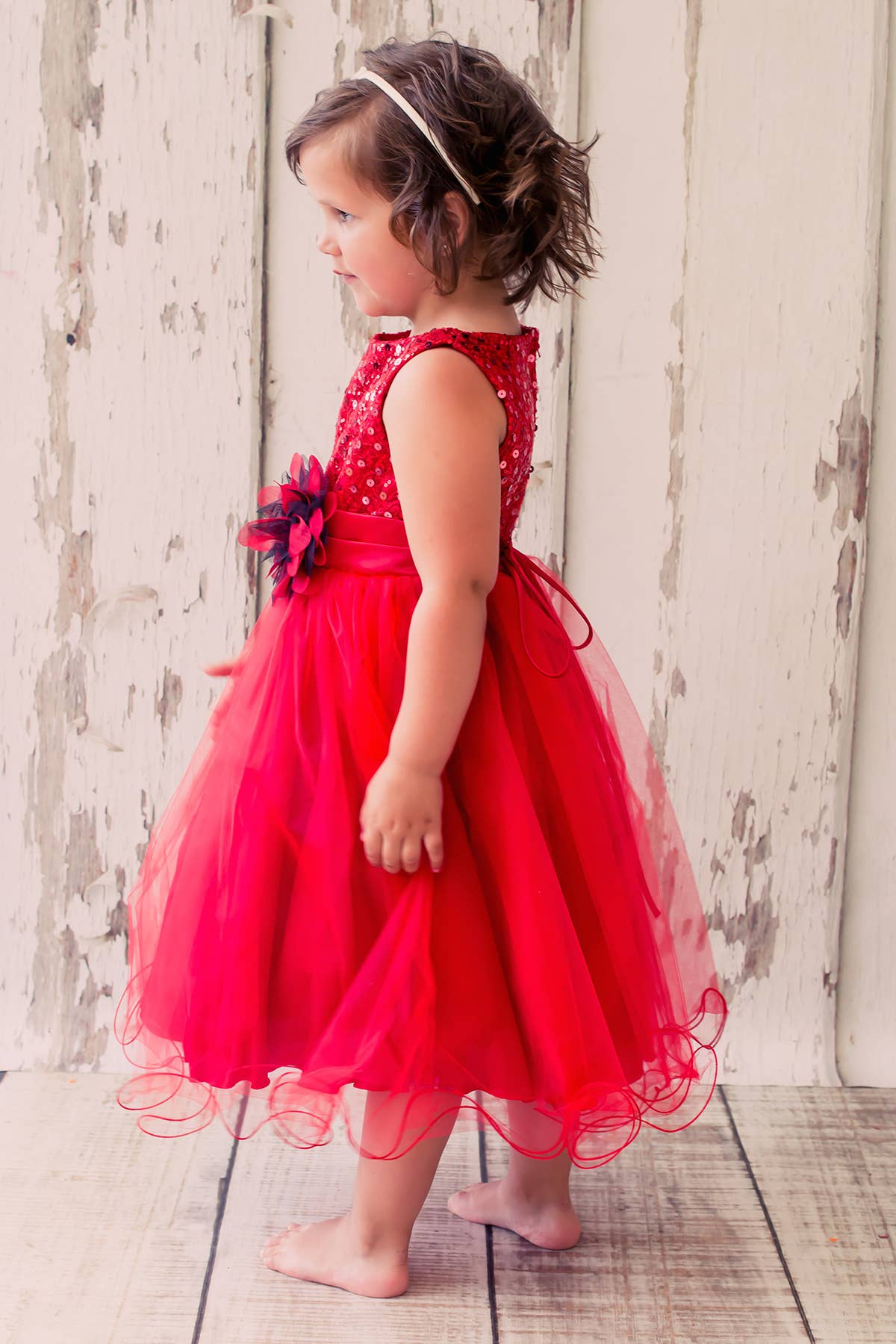 Sequin Party Girls Dress with 3D Mesh Flower and Sash