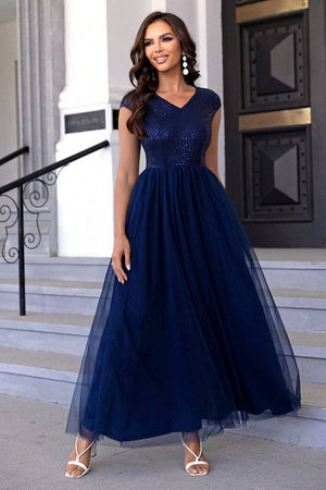 Sequin V-Neck Mesh Maxi Dress: Navy / XS