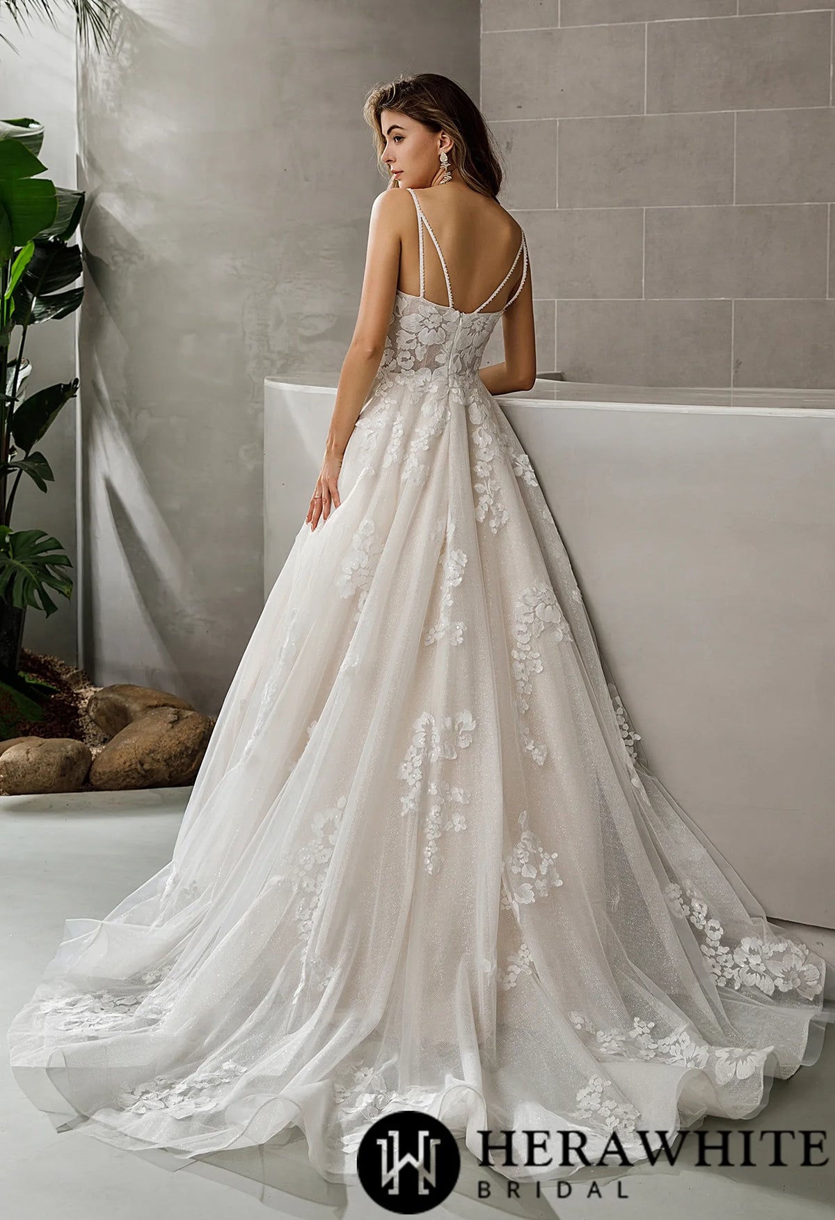 Plunging Sweetheart Floral Lace Glitter A-line Wedding Dress