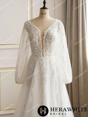 Lace Long Sleeve Plunging Neckline Wedding Dress