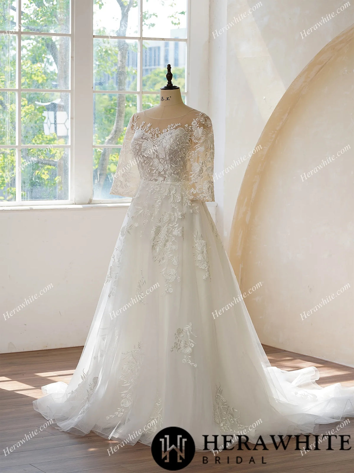 Illusion Neckline and Illusion Back With Buttons Bridal Dress
