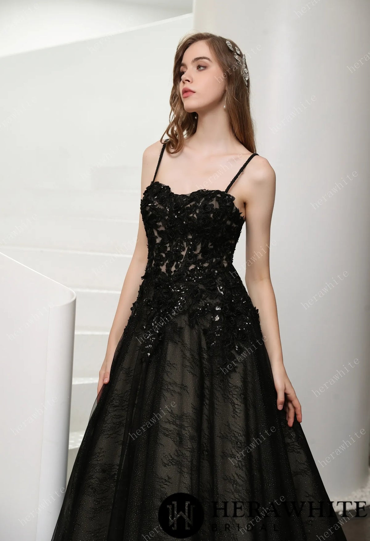Black Illusion Lace Wedding Dress with Detachable Long Sleeves