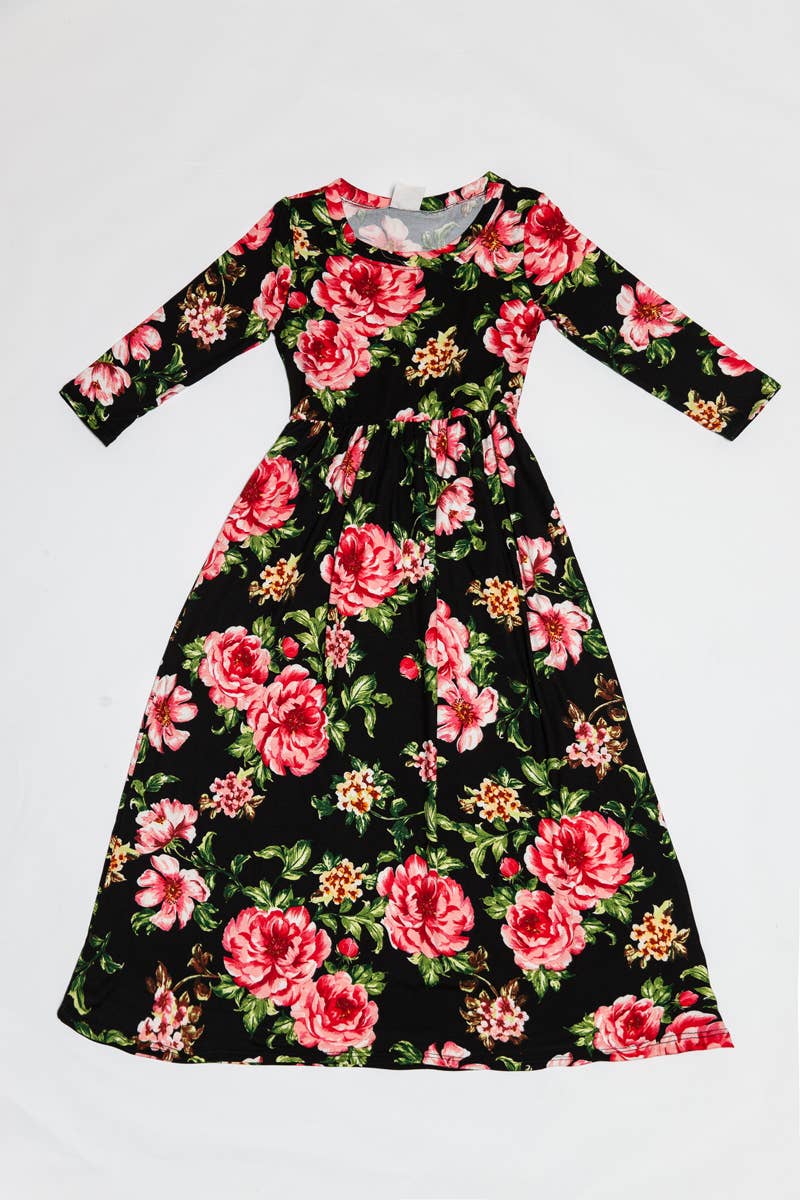 Girls Fit and Flare Floral Maxi Dress: FLORAL ORANGE / M