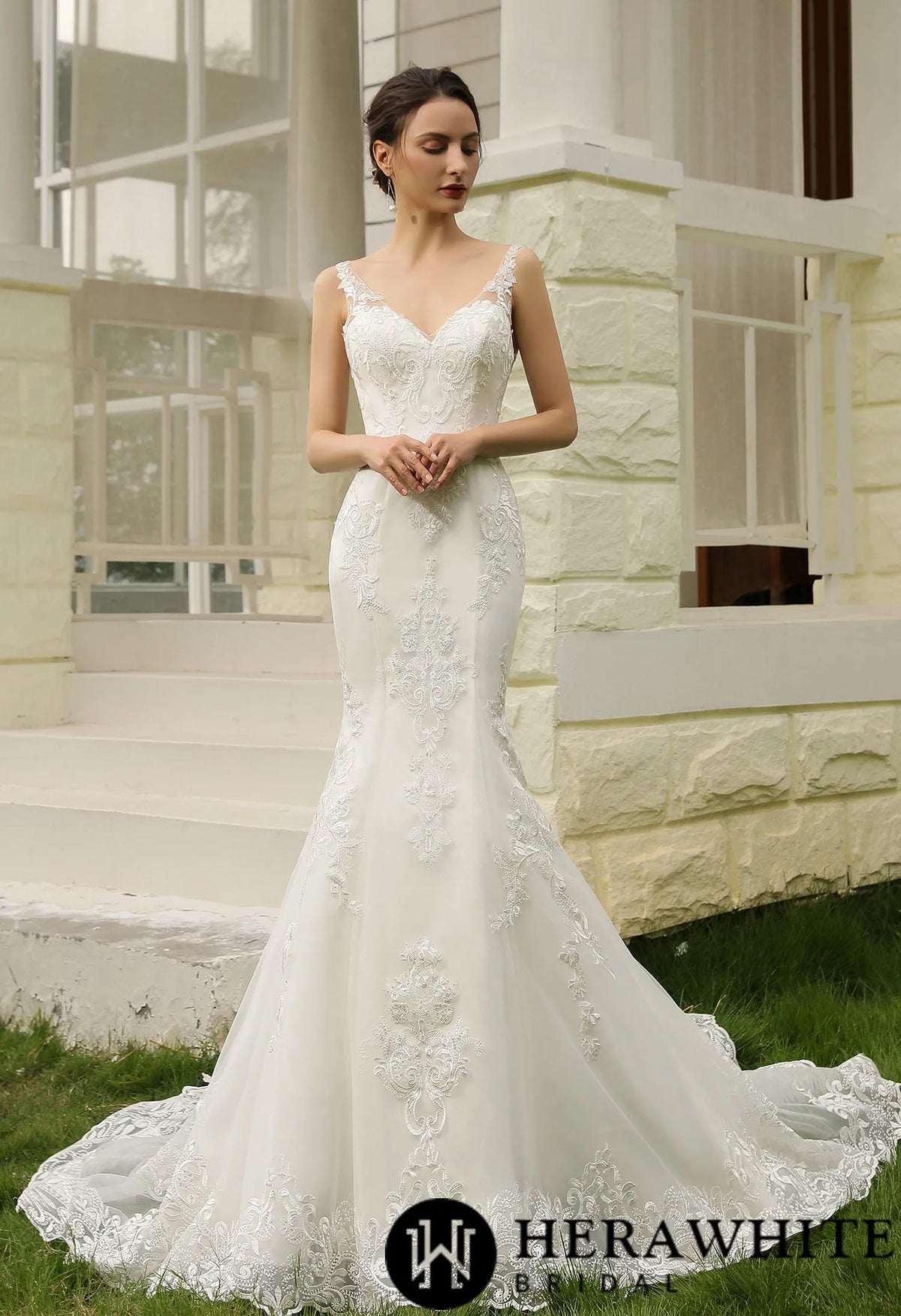 Double Train Fitted Sheath Wedding Gown