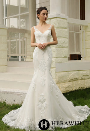 Double Train Fitted Sheath Wedding Gown