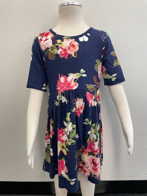 GIRLS FLORAL KNIT DRESS - K1610140D: XS / BLUE/YELLOW