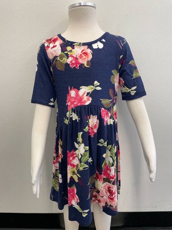 GIRLS FLORAL KNIT DRESS - K1610140D: XS / BLUE/YELLOW