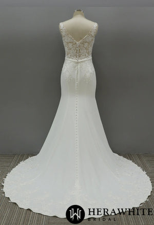 Illusion Hign Neckline Wedding Dress with Crepe Skirt